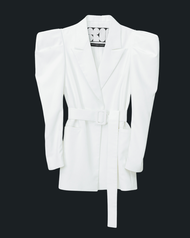 The SRT X8 Cowl Sleeve Blazer - White (TJK89) - เสื้อเบลเซอร์แขนพอง มีสายเข็มขัด