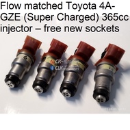 Flow matched Toyota 4AGZE (Super Charged) 365cc top feed low impedance injector – free new sockets &amp; connectors