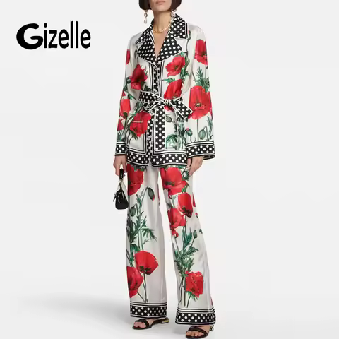 Gizelle High Quality Spring Autumn Women Fashion Notched Red Flower Print Shirt+ Full Pants Belt Par
