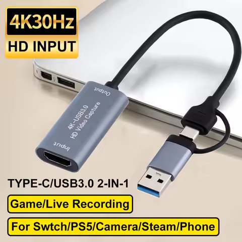 4K 30Hz HD Capture Card HDMI-compatible to USB-A/USB-C USB3.0 Capture Video Audio Recording for Game