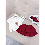 NB3 Set bộ bé gái Set áo cotton ngắn tay hoạ tiết gấu nâu chân váy đỏ nơ 2 tầng cho bé gái