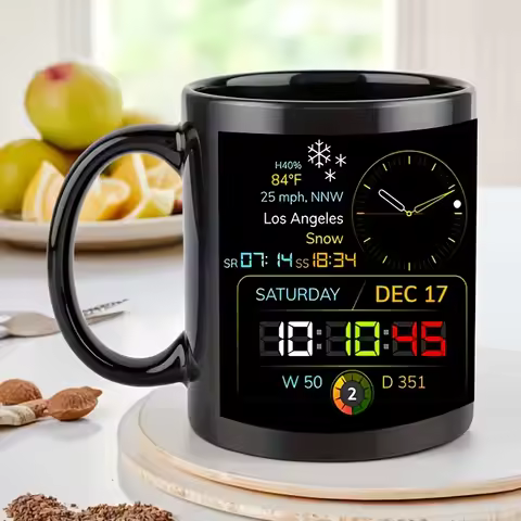 1 Large 11-Ounce Mug - Digital Clock and Temperature 2D Print, 2D Flat Design, Heat-Resistant Cerami