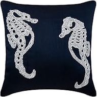 The HomeCentric Navy Blue Shams, Beaded Sea Horse Ocean and Beach Theme Cushion Shams, Pack of 2, 60x60 cm (24"x24") Cushion Sham, Silk Cushion Shams, Mediterranean Cushion Shams - Navy Blue Sea Horse
