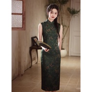 2025 Spring Summer New Sleeveless Imitation Acetate Jacquard Print Long Cheongsam Retro Slim Fit Ele
