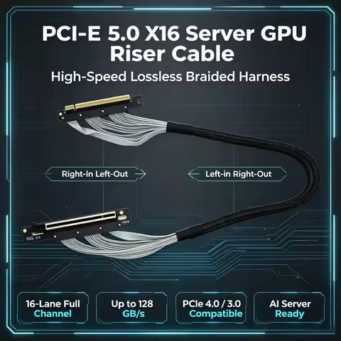 TISHRIC PCIE 5.0 X16 GPU Video Graphics Card Extension Cable PCI-E Gen5 128GB\S Riser Cable Shielded