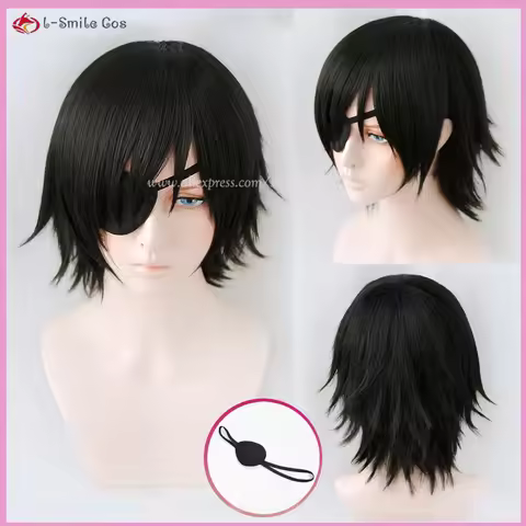 Himeno Cosplay Wig Black Short Fluffy Layered Himeno Wigs With Eyes Patch Heat Resistant Synthetic H