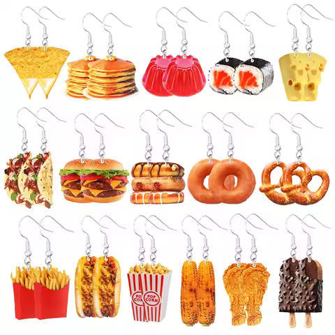 Food Earring 2D Handmade Cute Interesting Taco Corn Crunchy Burger Biscuits French Fries Ice Cream C