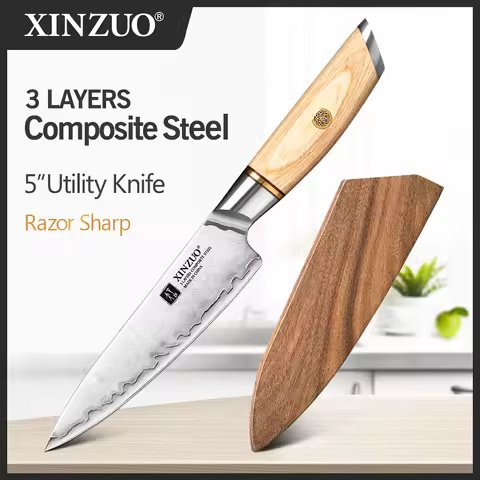 XINZUO 5'' inch Multi Function Utility Knife Customized 3 Layer Clad Steel 10Cr15CoMoV Core Steel Ki