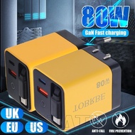 3 IN 1 80W Retractable Phone Charger - Scalable Cable PD USB-C US/UK/EU Charging Head - Fast Wall Ch