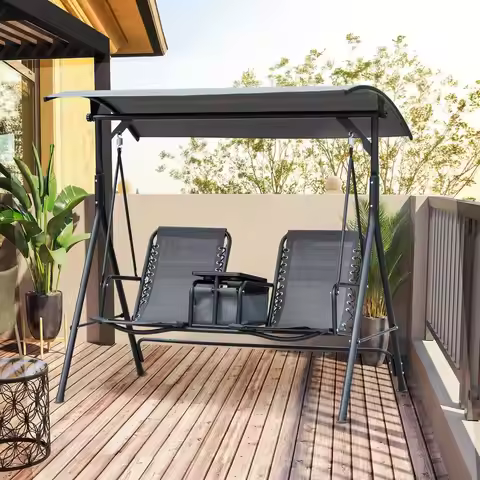 2Seat Patio Swing Chair, Outdoor Canopy Swing Glider with Pivot Storage Table, Cup Holder, Adjustabl