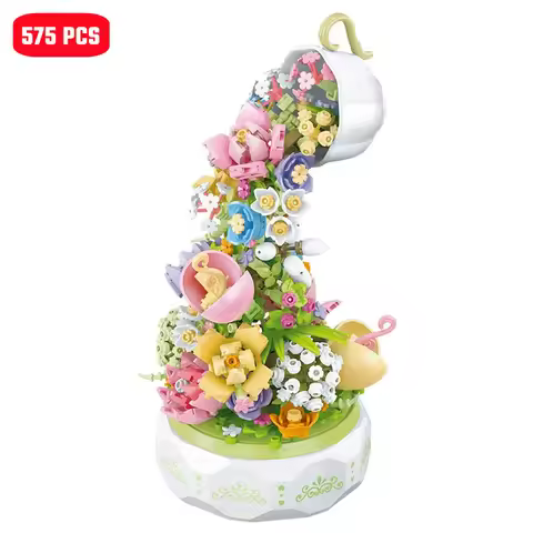 SEMBO 575pcs Block Florist Series Light Music Box Building Blocks DIY Teacups Flower Romantic Model 