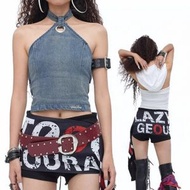 洗水牛仔掛頸露背吊帶連飄帶運動短裙褲套裝 復古美式風格- 短褲裙 (帶安全褲) S (建議100斤內)