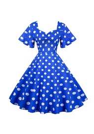 EFOFEI Women's Summer Polka Dot Swing Dress Puffy Short Sleeve 1950s Flared Dress V Neck Aline Cockt