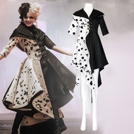 Cruella De Vil Cosplay Costume Gown Black White Polka Dot Maid Dress Performance Adult Women Hallowe
