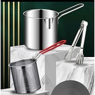 Bộ nồi chiên nhúng ngập dầu mini inox 304, gồm 3 chi tiết (nồi, rây lọc, kẹp gắp) thích hợp chiên kh