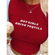 Hot Girl Tequila Drinking Graphic Short Sleeve Crop Top, Perfect For Going Out And Fashionable HOT G