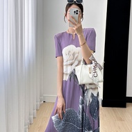 Issey Miyake Pleated Short Sleeve Dress Printing Elegant Temperament High Sense Loose Thin Gas impor