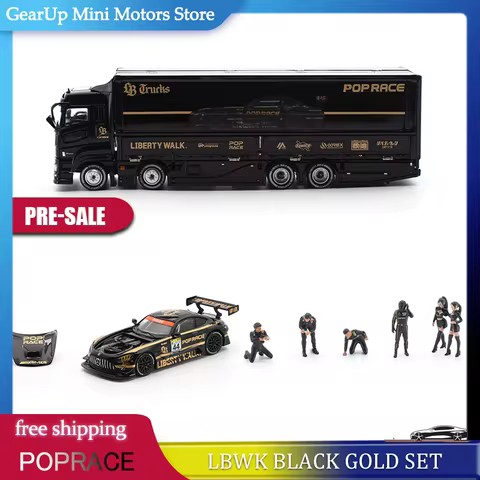 XCARTOYS POPRACE 1:64 LBWK Black Gold Pop Race Mercedes AMG GT3 EVO Transporter Truck Team Crew Set 