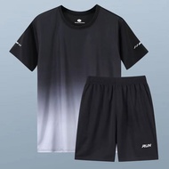 M-5XL Summer Sports Suit for Young Men Quick Drying Gradient Short Sleeve T-shirt and Shorts Breatha