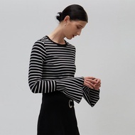 喇叭袖型條紋棉質上衣(黑)│Who Cares 台灣服飾品牌