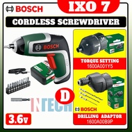 BOSCH IXO7 3.6V CORDLESS SCREWDRIVER  C/W TORQUE SETTING 1600A001Y5 OR DRILLING ADAPTOR, 1600A00B9P