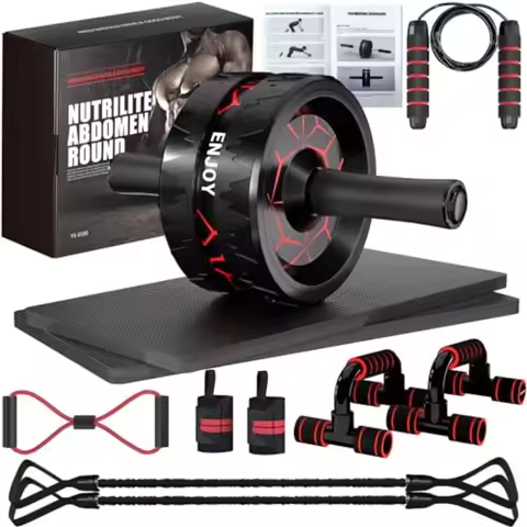 Ab Roller Wheel Kit for Core Training with Resistance Bands Knee Mat Jump Rope Push-Up Bar in Black 