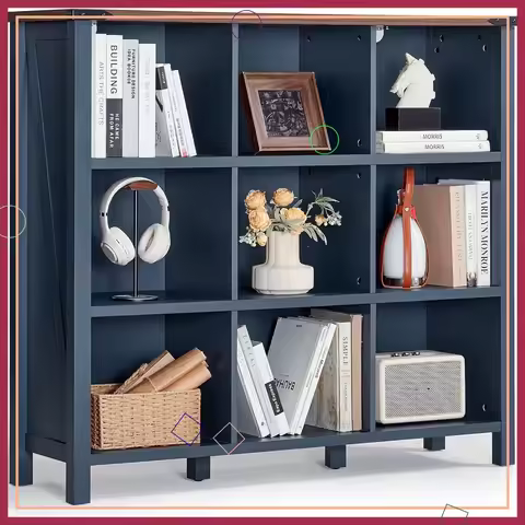9 Cube Bookcase, Farmhouse Navy Blue Bookshelf, 3 Tier Wooden Display Shelf for Home Office Living R