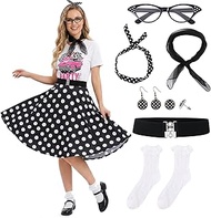9Pcs Sock Hop Outfits Women, 50s Women Outfit, 1950 Poodle Skirt T-Shirt with 50s Accessories for Ha
