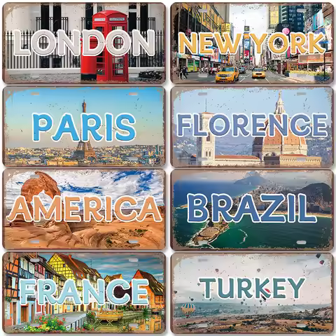 Country Capital City License Plate Metal Signs Retro America France Brazil Turkey Metal Poster Cafe 