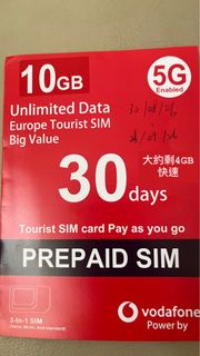 Vodafone 歐洲30日 10GB 5G 預付卡