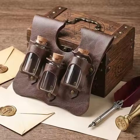 Medieval Costume Accessories Alchemy Magic Potion Bottle with Leather Holder for LARP Cosplay