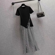 Setelan Baju Celana Panjang Motif Kotak Wanita Monokrom Black Rib