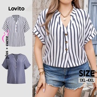 Lovito Plus Size Curve Casual Blouse Striped Button Summer/Spring Blouse for Women LBL19291