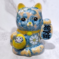 【達摩富貴】日本清水燒招財貓 | 達摩 花結晶 灰青 億万両