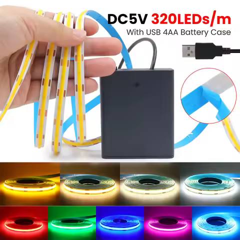 5V Switch Battery USB Power COB Led Strip Light 3mm 5mm 8mm PCB White Blue Pink Red Yellow 320 LEDs 