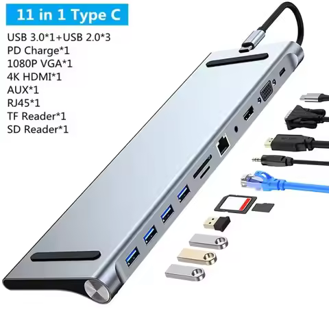 11 in 1 USB C Docking Station 1* USB 3.0 3*USB2.0 USB C Hub 4K HDMI RJ45 SD/TF VGA Multiport Adapter