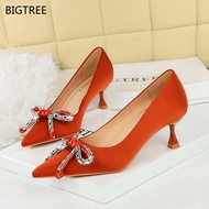 BIGTREE Women's High Heels 1961-H61 European American Style Light Luxury Rhinestone Bow Pointed Stil