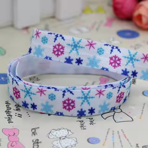 DHK 5/8'' 5yards Fold Over Elastic FOE gril girl snowflake printed headband hair band diy decoration