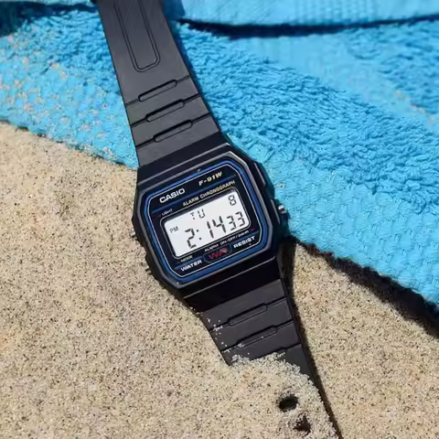 Casio F-91W-1 Lightweight Digital Watch, Black Resin Strap, Alarm Chronograph, LED Light, Water Resi