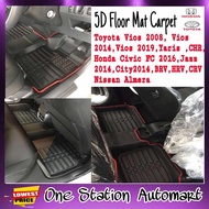 5D Car Floor Mat Carpet Toyota Vios 2008, Vios 2014,Vios 2019,Yaris,CHR,Honda Civic FC 2016, 5D Karp