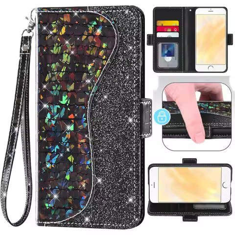 Sequin Glitter Business Flip Cover Leather Wallet Phone Case For Doogee N40 S96 S59 S88 Pro N30 S35