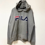 古著 FILA 長袖連帽衫，印花標誌設計，灰色，前口袋，尺寸 L