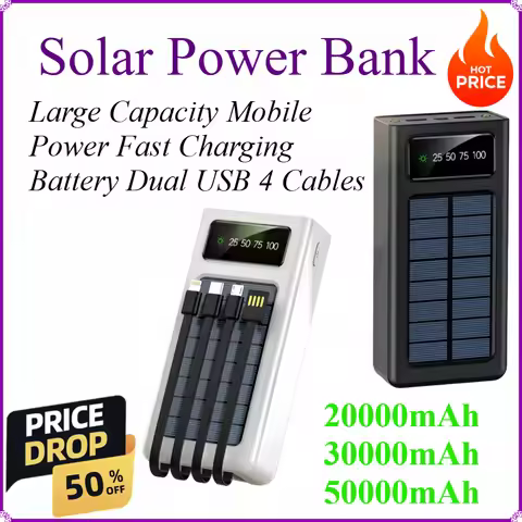Solar Power Bank 50000mAh Large Capacity Mobile Power Fast Charging Battery Dual USB 4 Cables