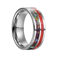 BONLAVIE 8mm Silver Color Tungsten Carbide Ring Red Grass Coral + Purple Green Copper Wire Turquoise