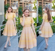 เดรสผ้าไทย ผ้าทอลายอันเก่า คอจีน กระดุมจีน ทรงบาน ซิปหลัง (อก32-46) kw