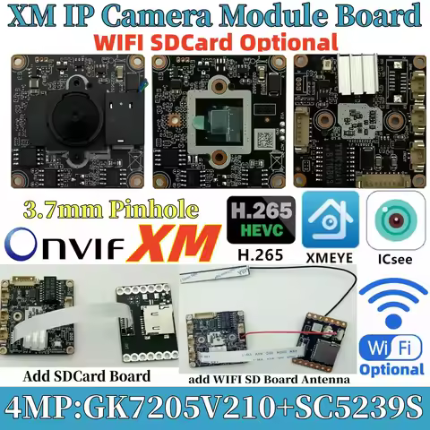 WIFI SDCard Optional 4MP XM IP Camera Module Board 3.7mm Mini Lens IRCut GK7205V210+SC5239S H.265 XM