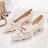 YK8 Gentle Single Shoes Mid-Heel New Style Shallow Mouth Pointed Thick Heel Women's Flat