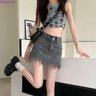Women's Denim Skirt Gyaru Skirts for Woman Clothes Fringe Short Jeans Mini Streetwear Offer Free Shi