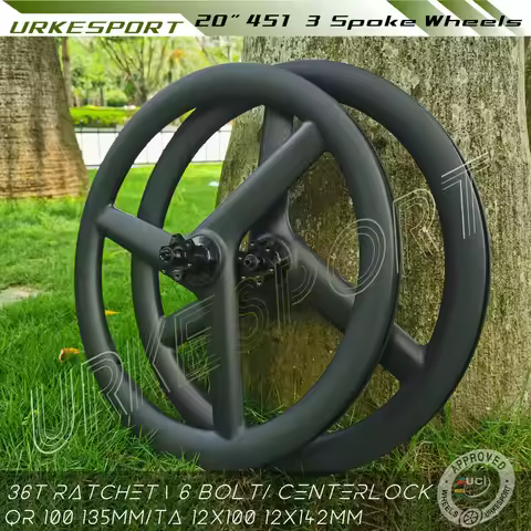 Urkesport 20 inch 451 3 Spoke Carbon Wheels Disc Brake 36T Ratchet 26mm Clincher Tubeless Folding Bi