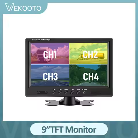9 Inch Backup Camera Monitor Quad Split Screen 4 Channels HD Vehicle Rear View Reverse Color TFT LCD